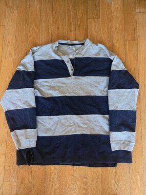 VIntage Izod Mens Henley Shirt Large Navy Gray Rugby Stripe Textured Relaxed